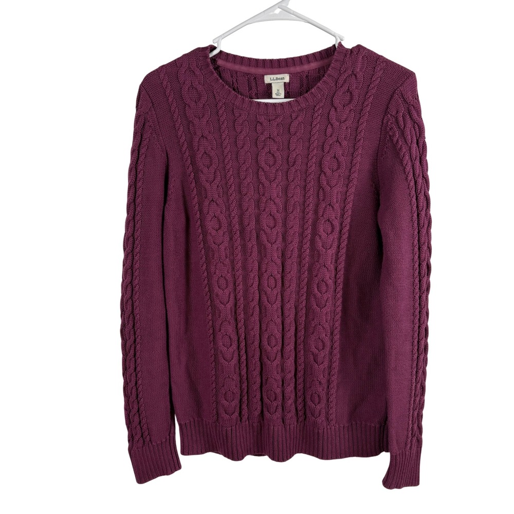 LL Bean Cable Knit Fisherman Sweater Womens M Berry Purple Cotton Preppy Coastal